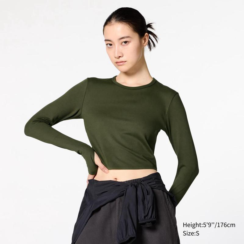 Uniqlo Ultra Stretch AIRism Cropped (Long Sleeve) Women T-Shirts Dark Green  US |  TMBC-74182