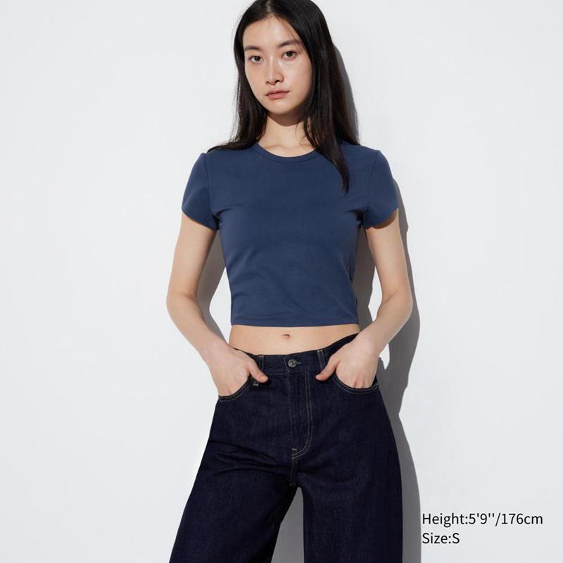 Uniqlo Ultra Stretch AIRism Cropped Women T-Shirts Navy  US |  IRLJ-20157