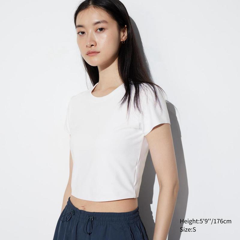 Uniqlo Ultra Stretch AIRism Cropped Women T-Shirts White  US |  DPUT-12704