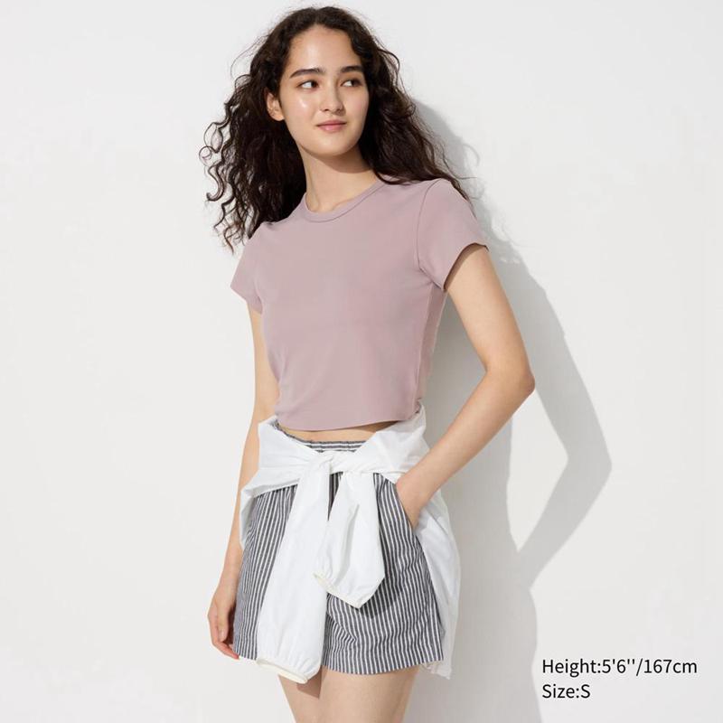 Uniqlo Ultra Stretch AIRism Cropped Women T-Shirts Pink  US |  YLQV-61435