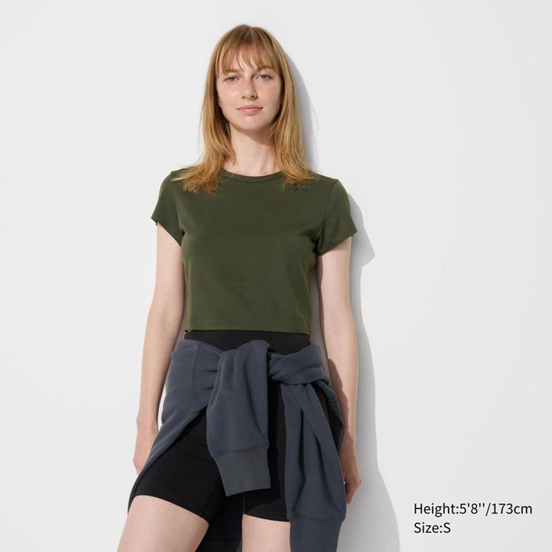 Uniqlo Ultra Stretch AIRism Cropped Women T-Shirts Dark Green  US |  HYZP-36954