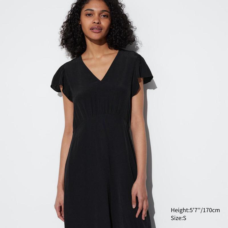 Uniqlo V Neck (Short Sleeved) Women Dress Black  US |  XEFK-67349