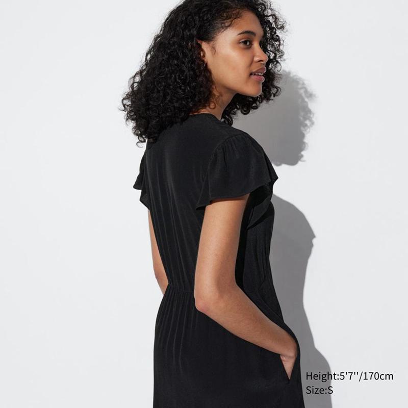 Uniqlo V Neck (Short Sleeved) Women Dress Black  US |  XEFK-67349