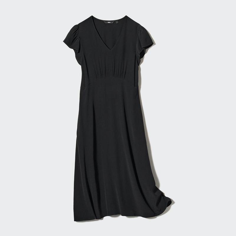 Uniqlo V Neck (Short Sleeved) Women Dress Black  US |  XEFK-67349