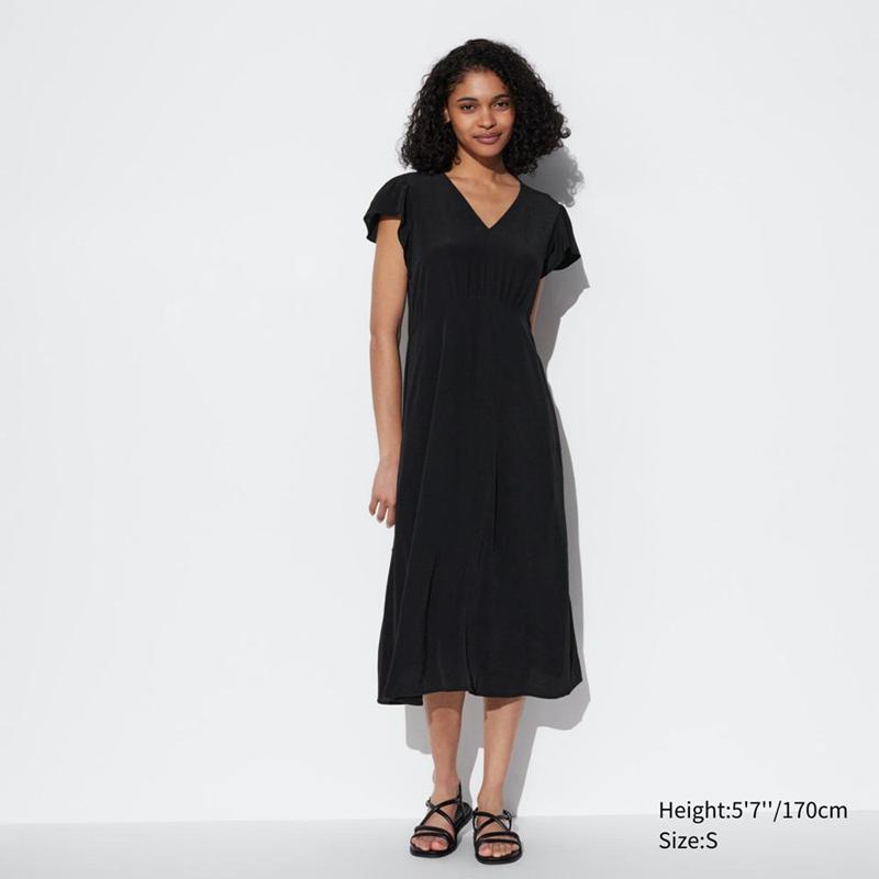 Uniqlo V Neck (Short Sleeved) Women Dress Black  US |  XEFK-67349