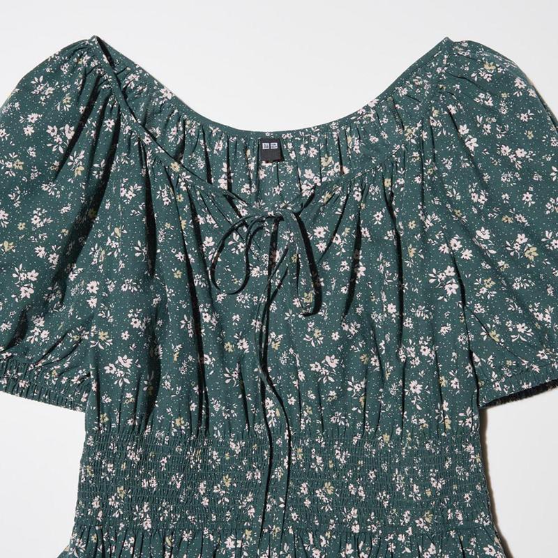 Uniqlo Volume Sleeve (Print) Women Dress Green  US |  OKHQ-92506