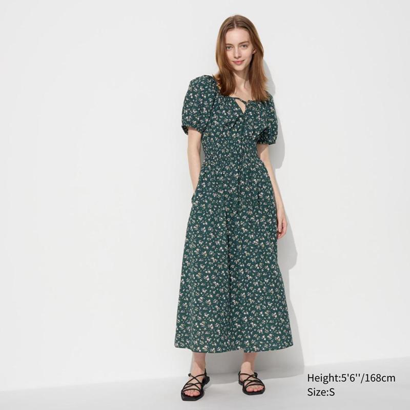 Uniqlo Volume Sleeve (Print) Women Dress Green  US |  OKHQ-92506