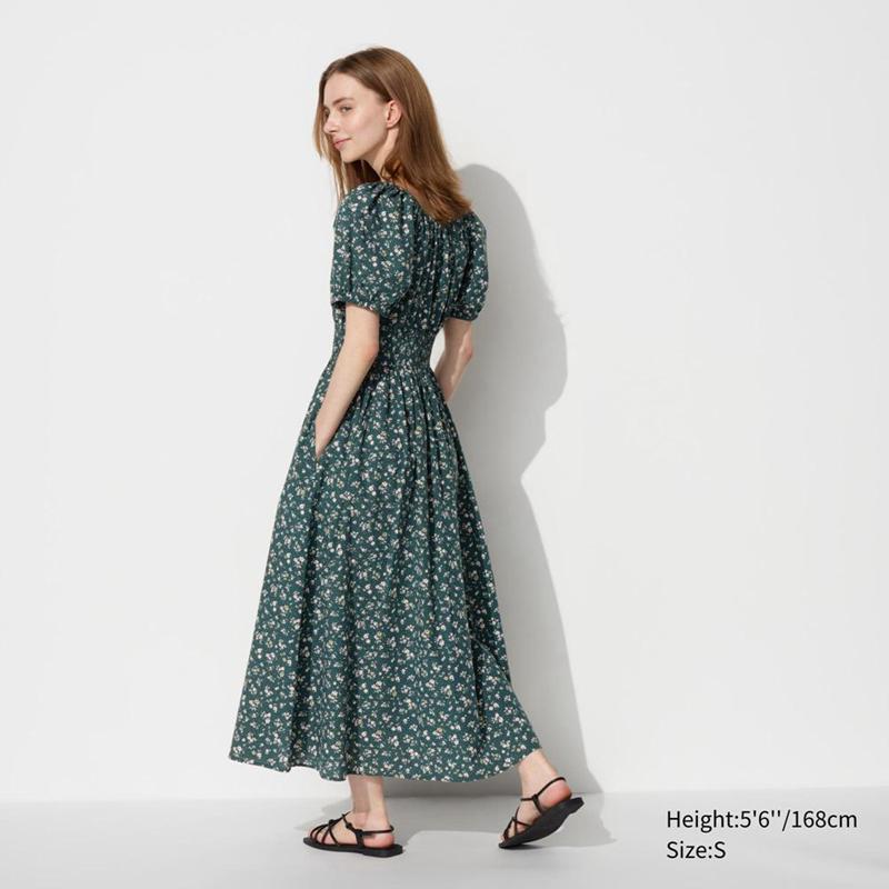 Uniqlo Volume Sleeve (Print) Women Dress Green  US |  OKHQ-92506