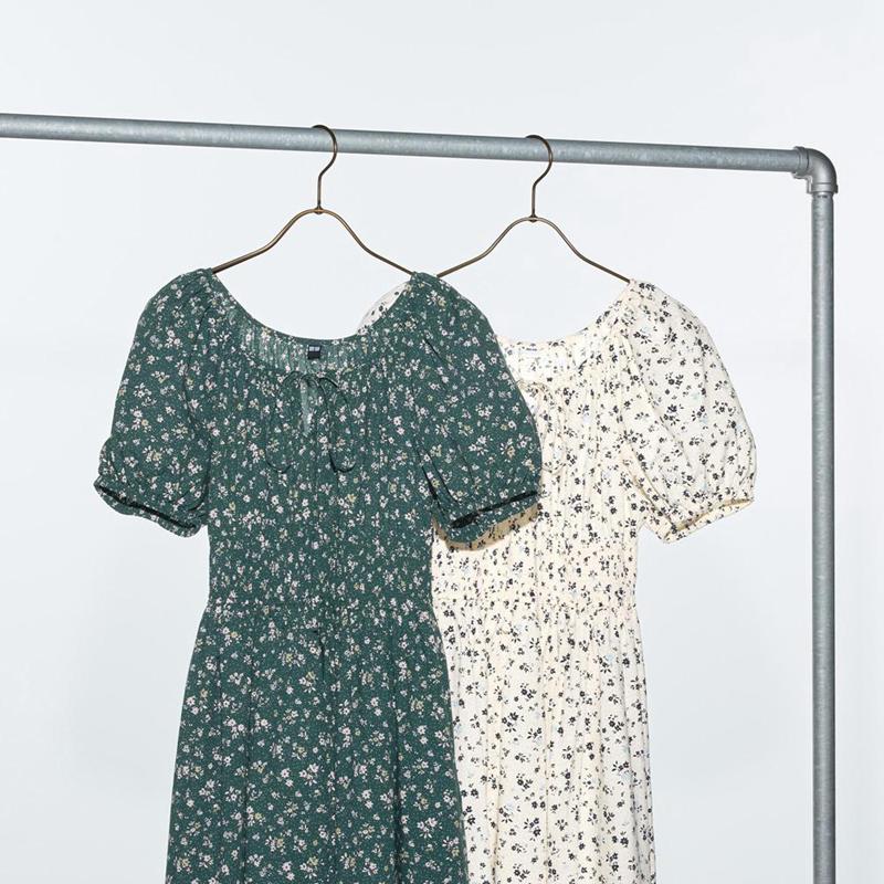 Uniqlo Volume Sleeve (Print) Women Dress Green  US |  OKHQ-92506