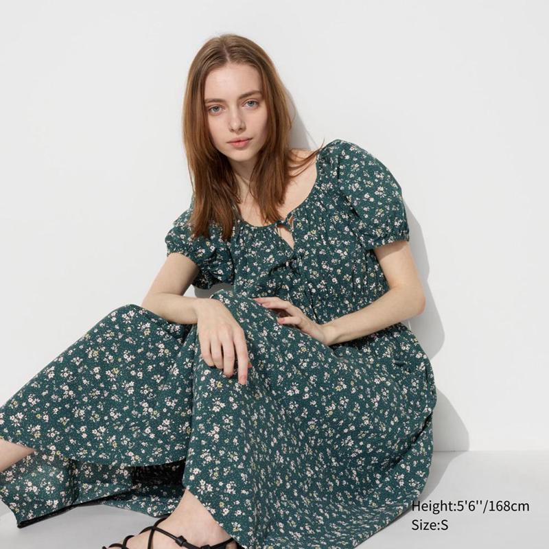 Uniqlo Volume Sleeve (Print) Women Dress Green  US |  OKHQ-92506