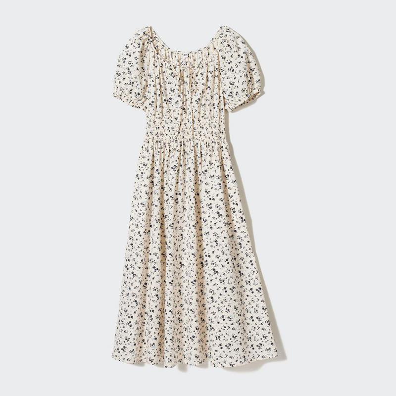 Uniqlo Volume Sleeve (Print) Women Dress Off White  US |  XVMW-08453