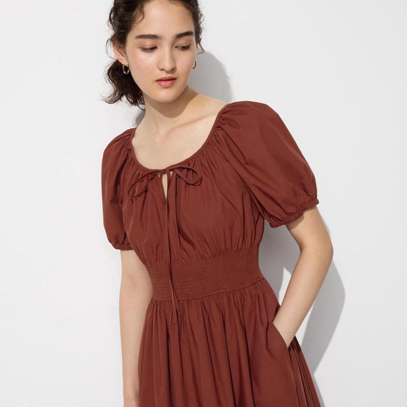 Uniqlo Volume Sleeve Women Dress Brown  US |  KBIT-41352