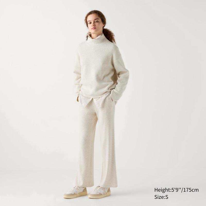 Uniqlo Washable Knit Ribbed (Long) Women Trousers Natural  US |  VEKW-75364