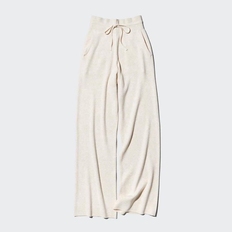 Uniqlo Washable Knit Ribbed (Long) Women Trousers Natural  US |  VEKW-75364