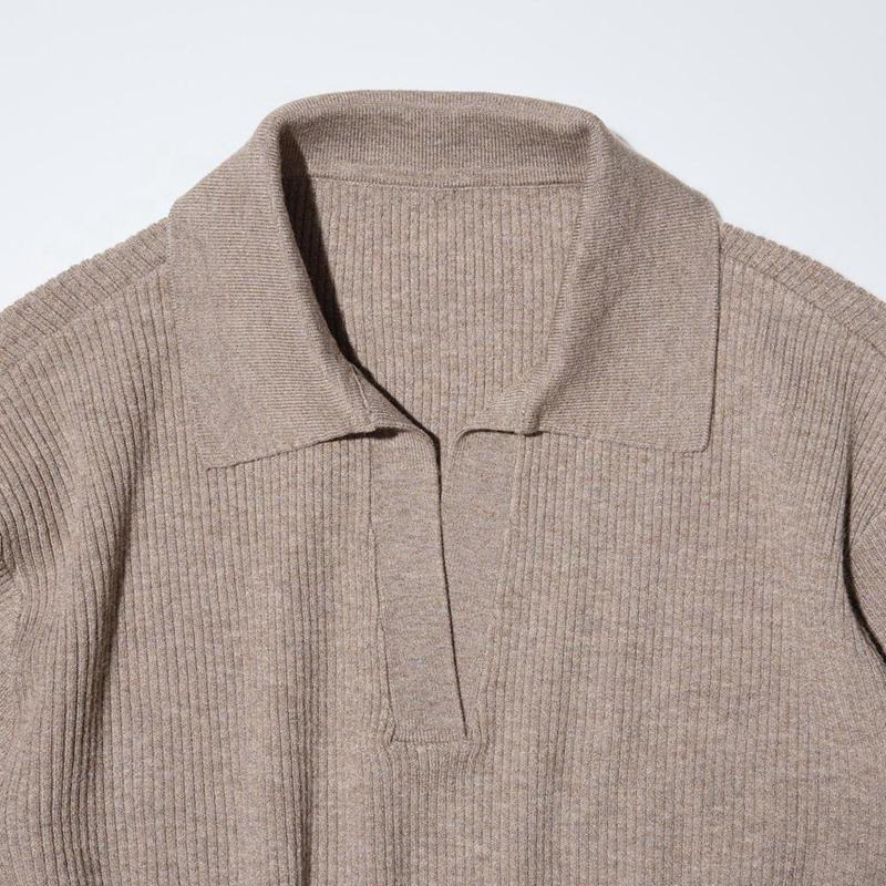 Uniqlo Washable Knit Ribbed Polo Women Jumper Natural  US |  IQZG-84512