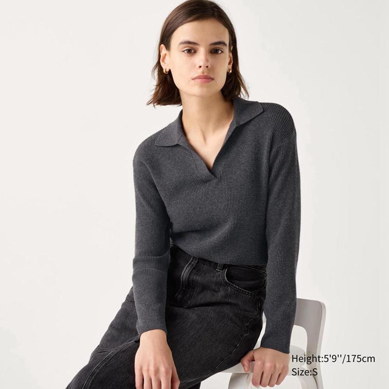 Uniqlo Washable Knit Ribbed Polo Women Jumper Dark Grey  US |  CDLV-16839