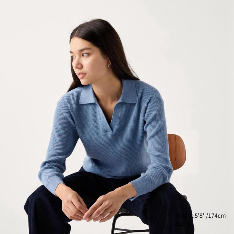 Uniqlo Washable Knit Ribbed Polo Women Jumper Blue  US |  FXIM-10234