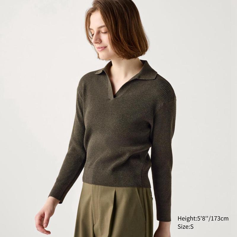 Uniqlo Washable Knit Ribbed Polo Women Jumper Dark Green  US |  MDNK-21598