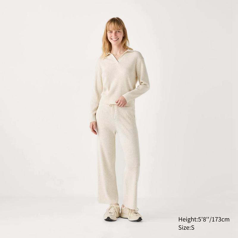 Uniqlo Washable Knit Ribbed Polo Women Jumper Natural  US |  SPWU-13648