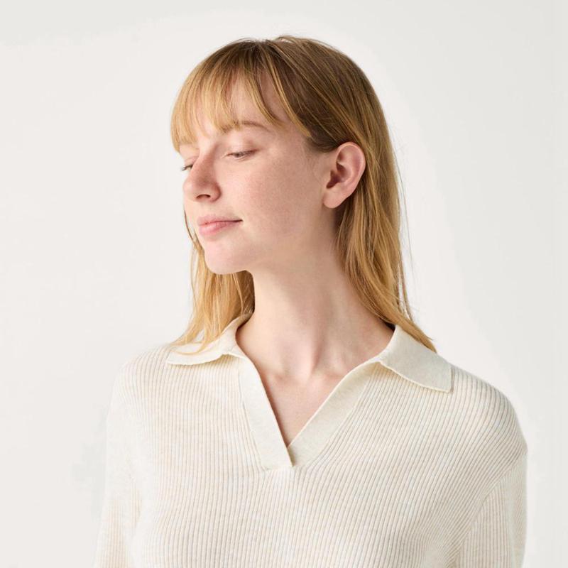 Uniqlo Washable Knit Ribbed Polo Women Jumper Natural  US |  SPWU-13648