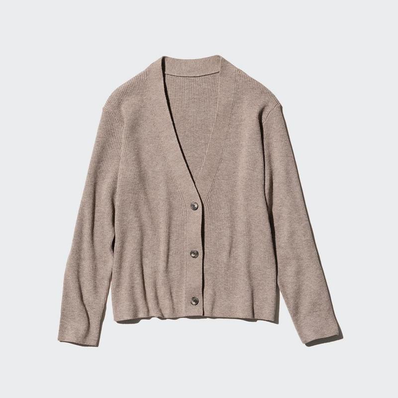 Uniqlo Washable Knit Ribbed Women Cardigan Khaki  US |  QJSE-70654