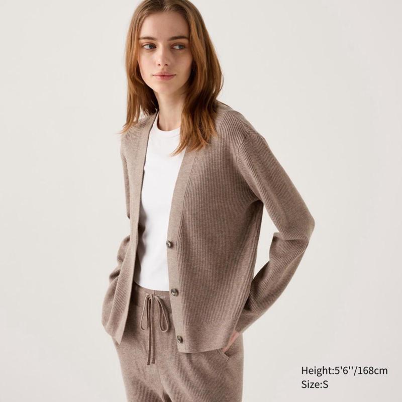 Uniqlo Washable Knit Ribbed Women Cardigan Khaki  US |  QJSE-70654