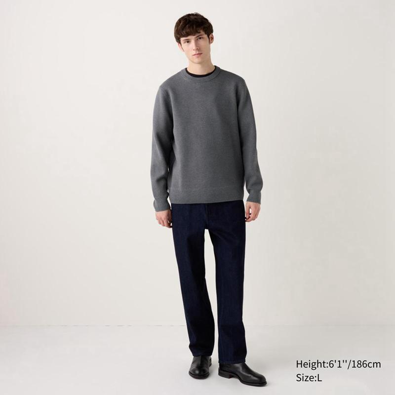 Uniqlo Washable Milano Ribbed Crew Neck Men Jumper Off White  US |  HPJM-07348