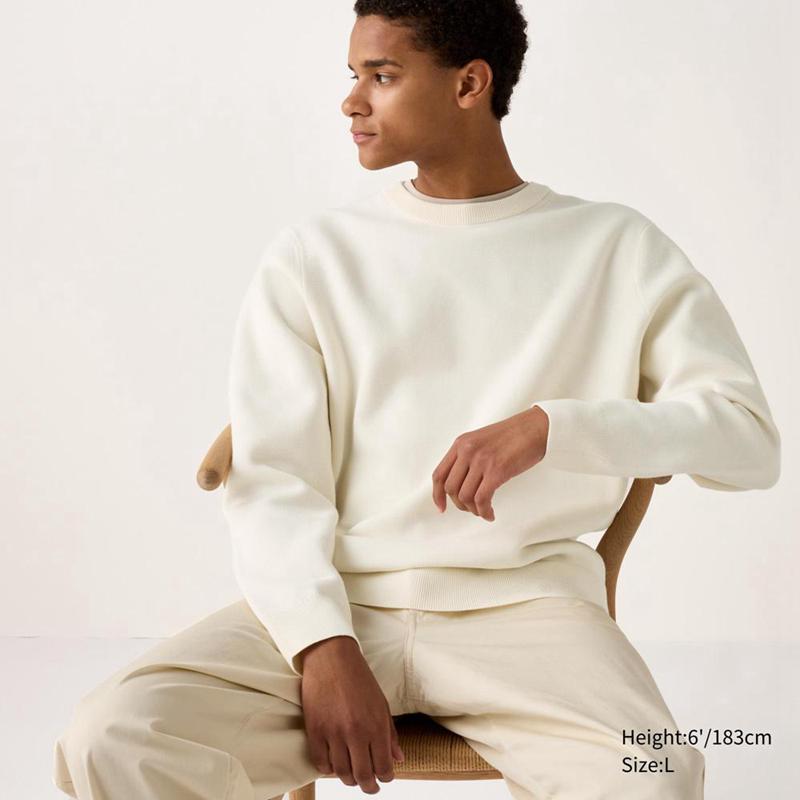 Uniqlo Washable Milano Ribbed Crew Neck Men Jumper Off White  US |  HPJM-07348