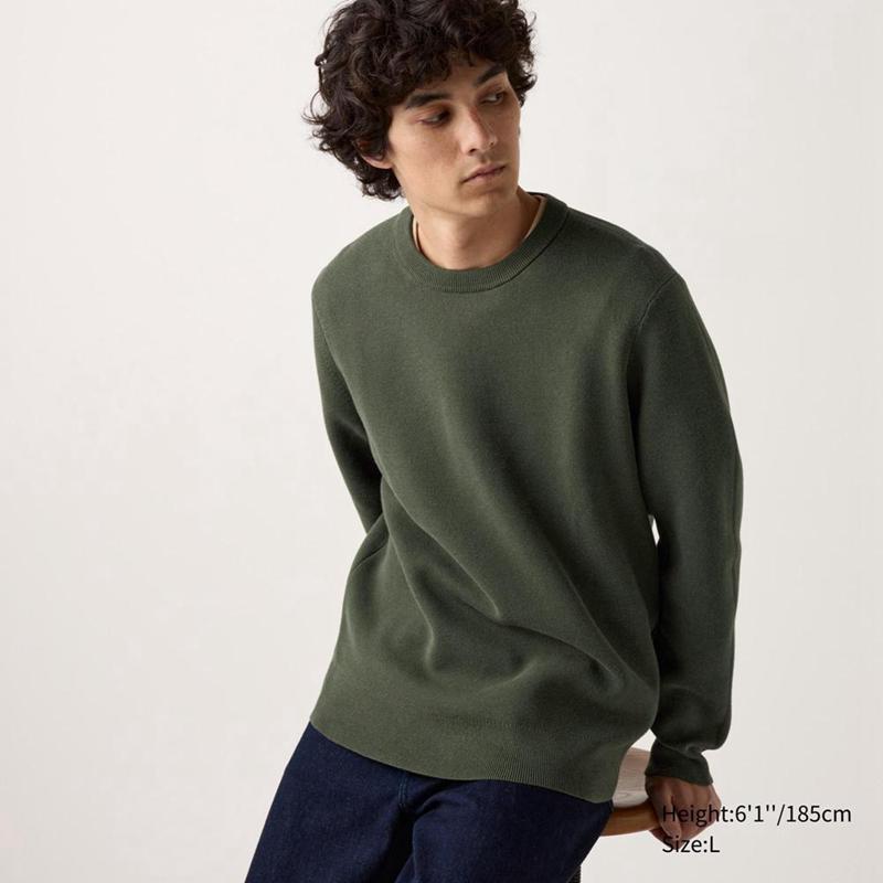 Uniqlo Washable Milano Ribbed Crew Neck Men Jumper Olive  US |  IXHT-50276