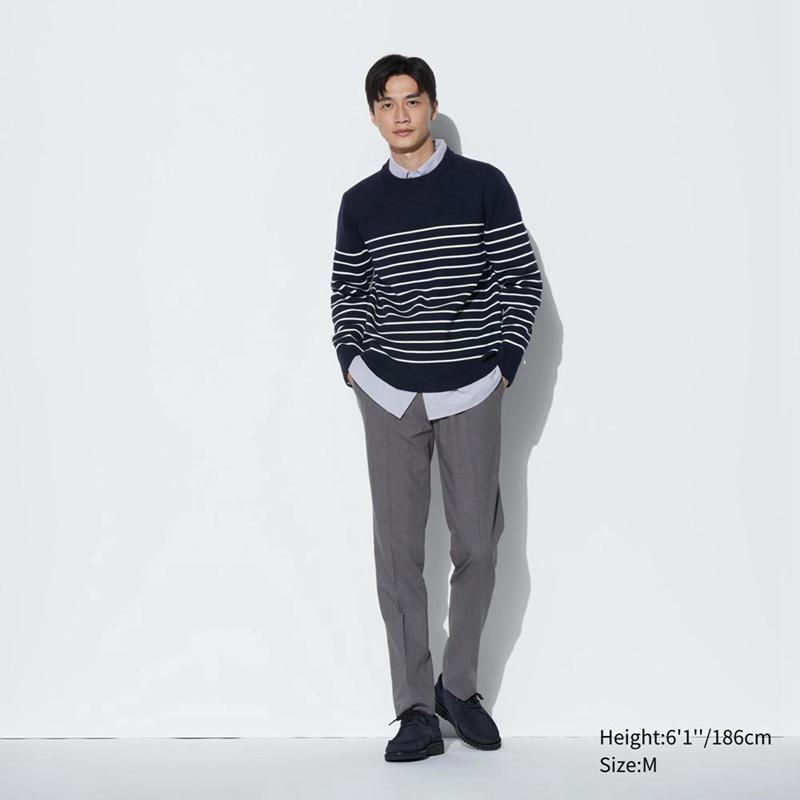 Uniqlo Washable Milano Ribbed Striped Crew Neck Men Jumper Navy  US |  TSOD-52316