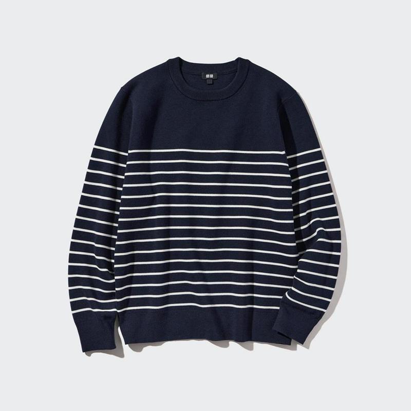 Uniqlo Washable Milano Ribbed Striped Crew Neck Men Jumper Navy  US |  TSOD-52316