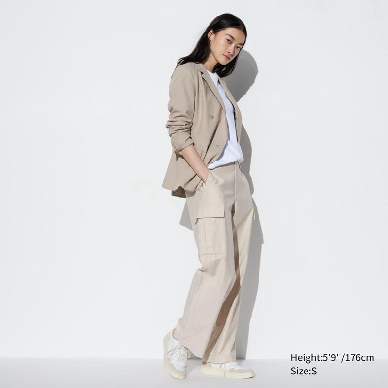 Uniqlo Wide Straight Leg Cargo (Long) Women Trousers Natural  US |  LRBU-69420