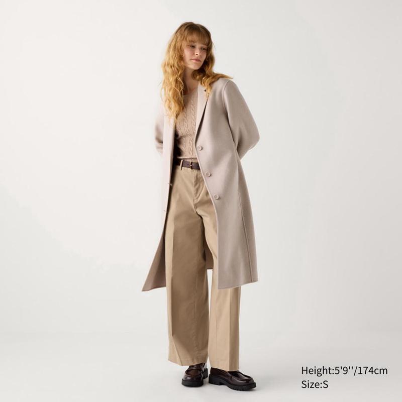 Uniqlo Wool Blend Chester Long Women Coats Natural  US |  MZGR-41593