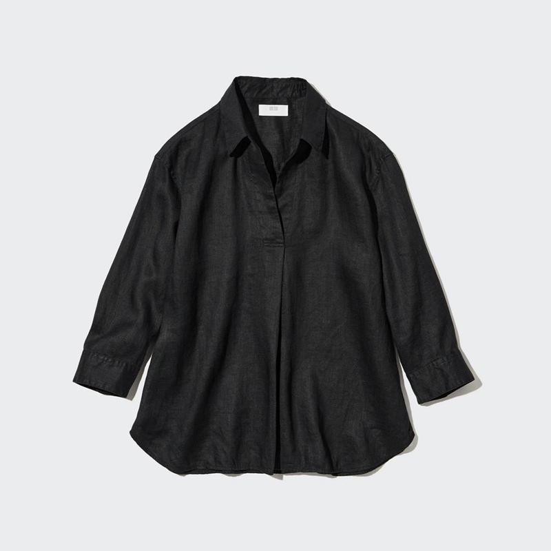 Uniqlo W\'s premium linen skipper collar 3/4slv Women Shirts Black  US |  ZDQJ-97528